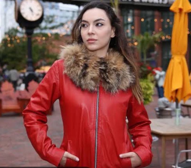 Red Quilted Faux Leather Jacket with Fur Collar