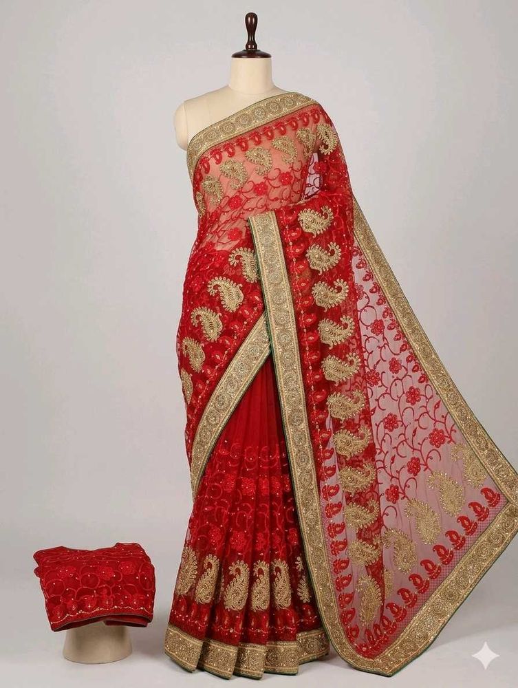 Stunning Red Embroidered Saree without blouse