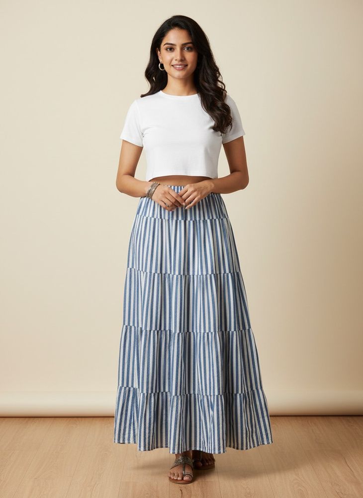 Striped Tiered Maxi Skirt