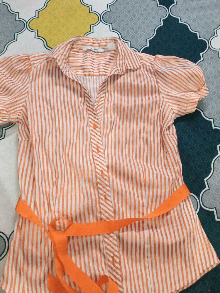Striped Button-Up Top with Belt