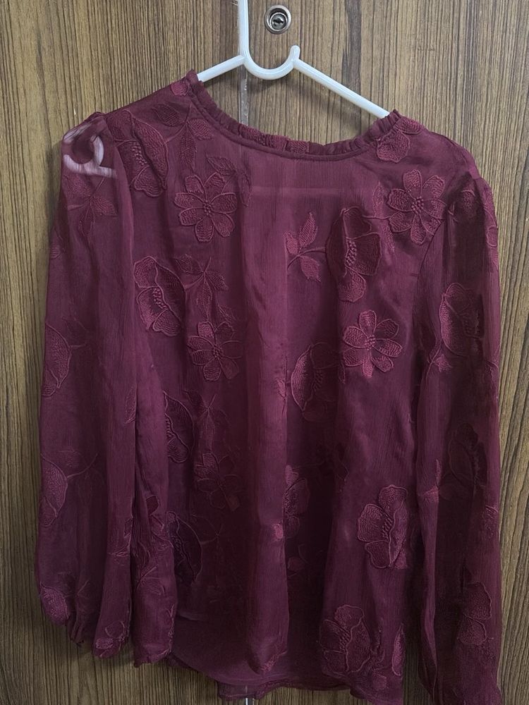 Embroidered Sheer Maroon Top