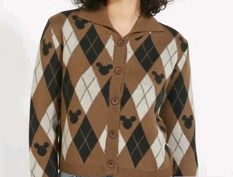 Brown Argyle Mickey Mouse Cardigan