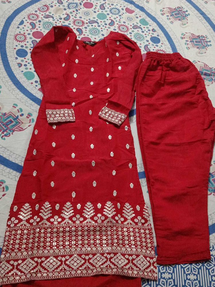 Red Kurta Set with Embellishments