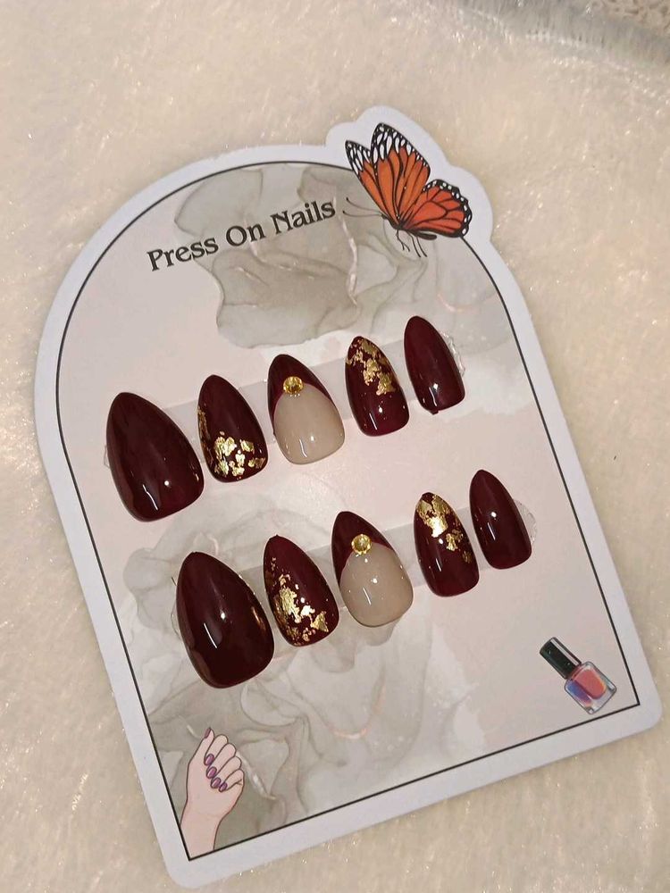 Hand Made Press On Nails - Burgundy &amp; Gold Accent