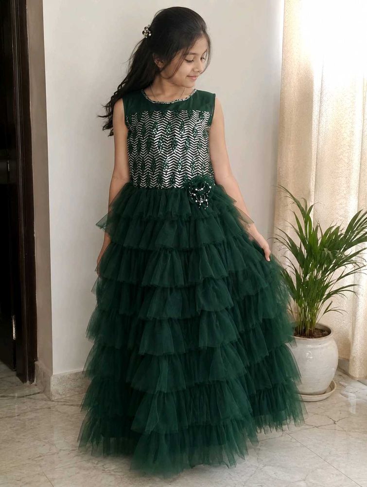 Dark Green Net Party Wear Gown with Sequin Work |