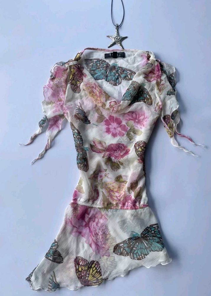 Sheer Butterfly &amp; Floral Print Top