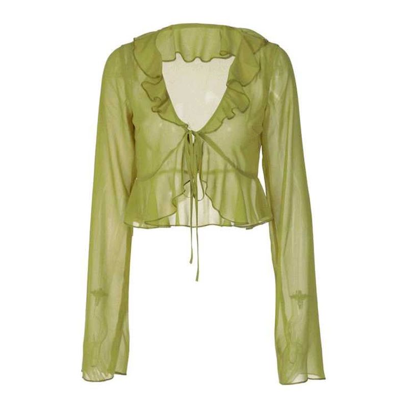 Newme GREEN Ruffled Neck Long Sleeve Top