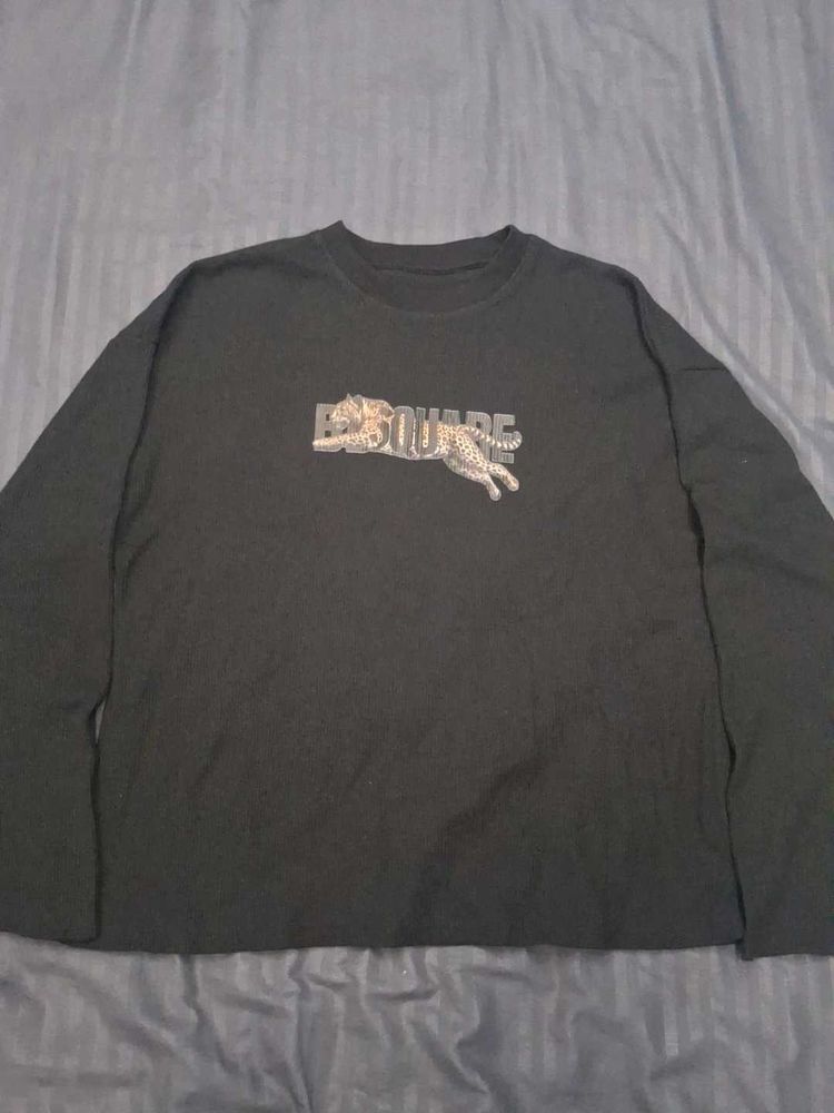 Black cropped Long Sleeve waffle tee