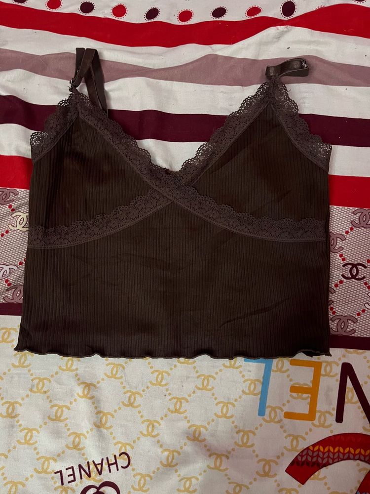 Brown Lace Trim Cami Top