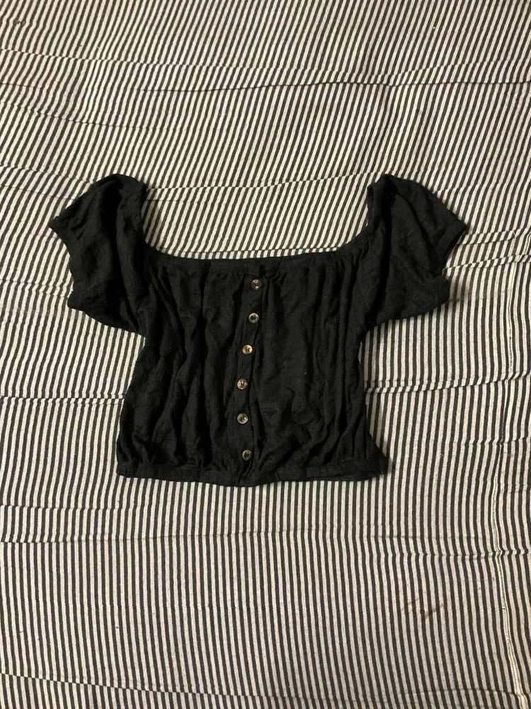 Black Off-Shoulder Button Top