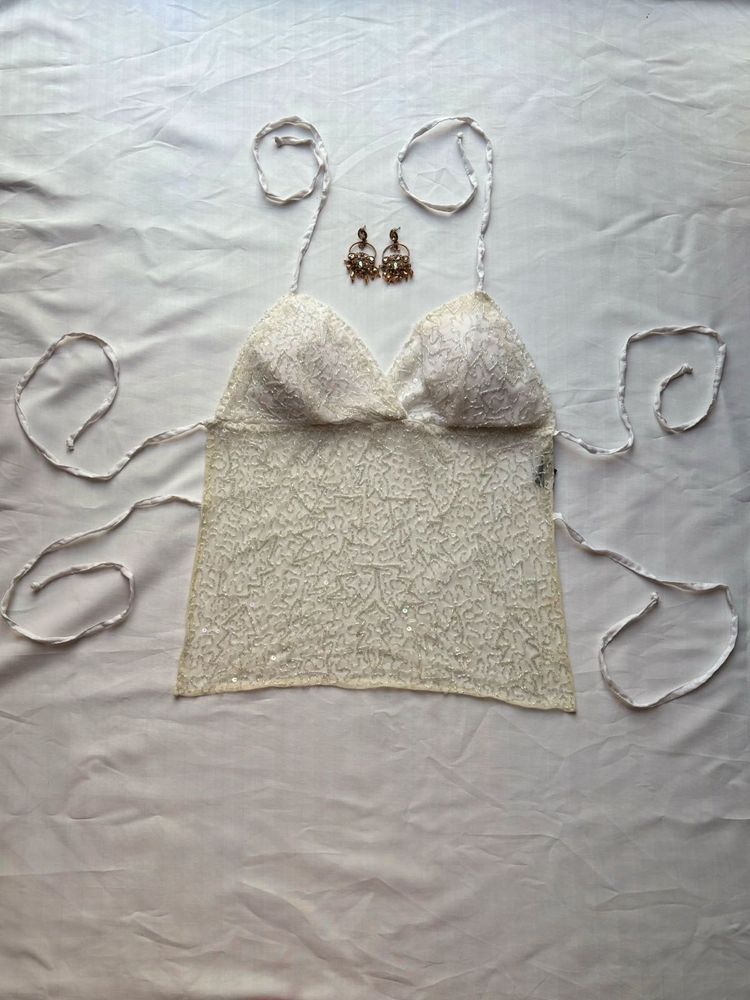 Embellished White Halter Neck Blouse