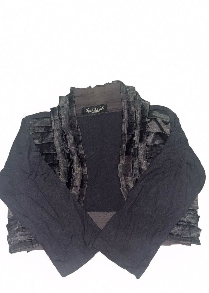 Black Ruffle Detail Open Front Shrug/Outer