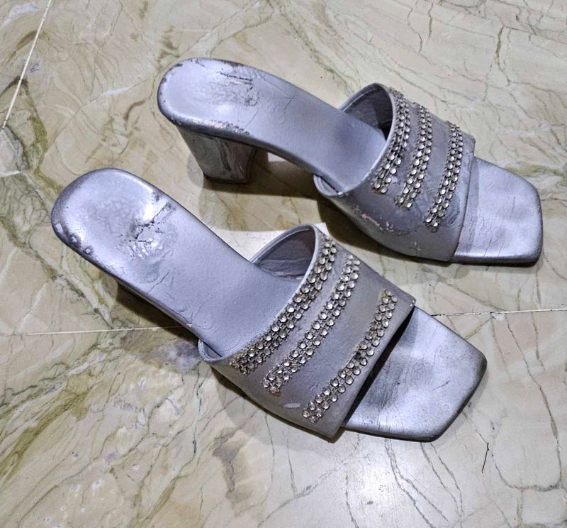 Sparkling Silver Block Heels