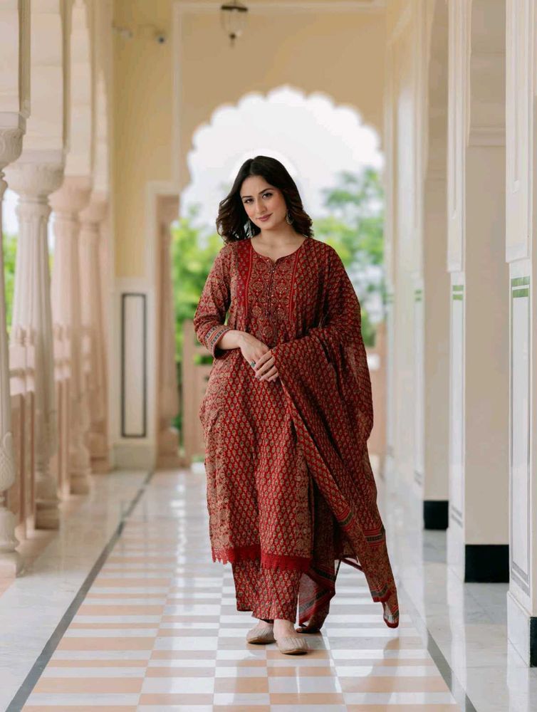 Beautiful Red Printed Kurta Set with Dupatta