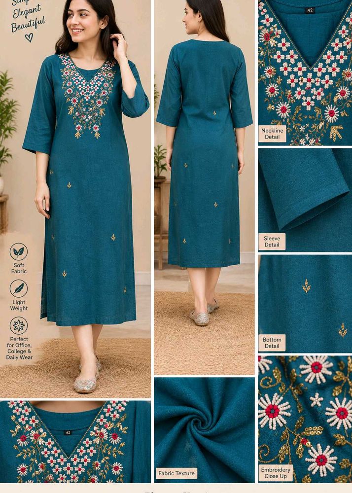 💙 Elegant Teal Blue Embroidered Kurti 💙
