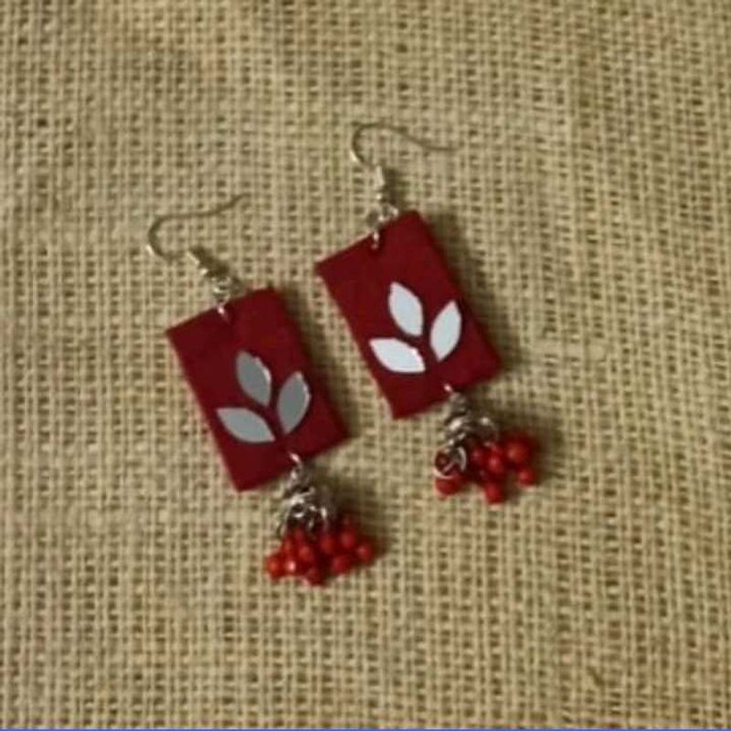 Red Dangle Earrings with Mirror Work