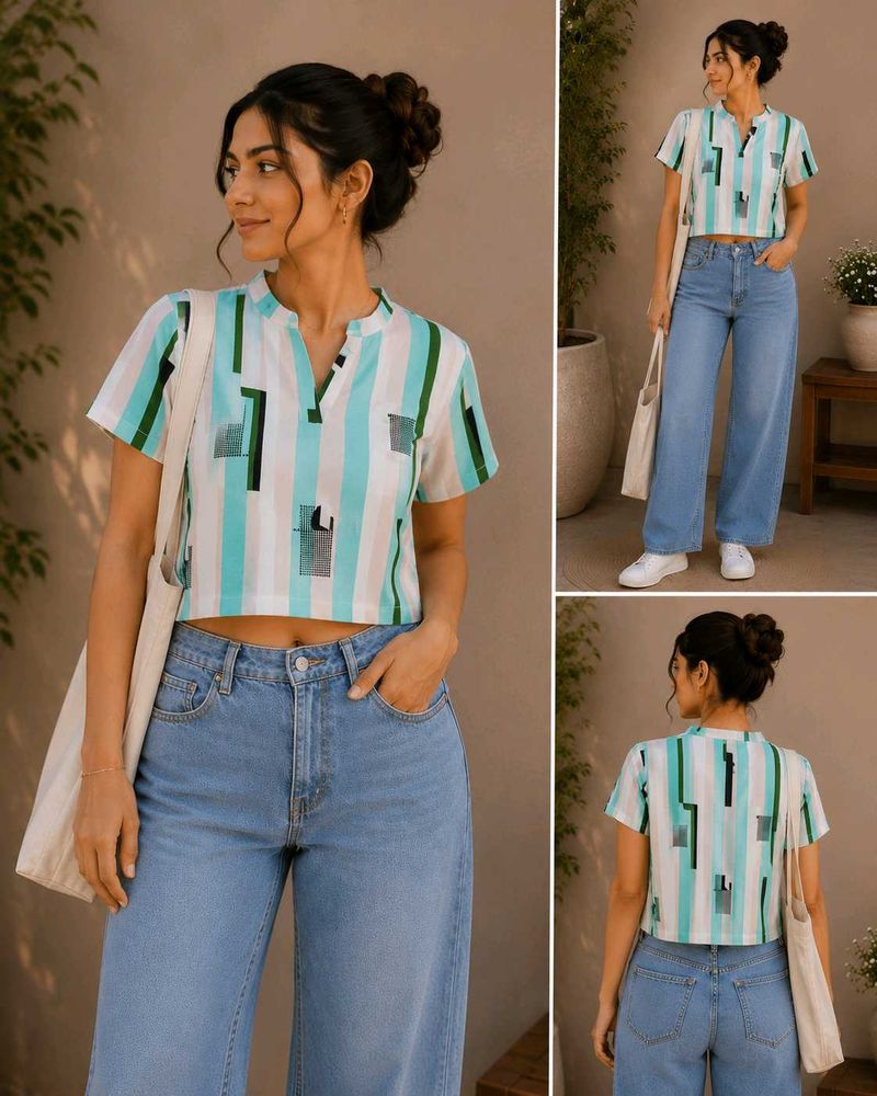 Mint Green Striped Crop Shirt