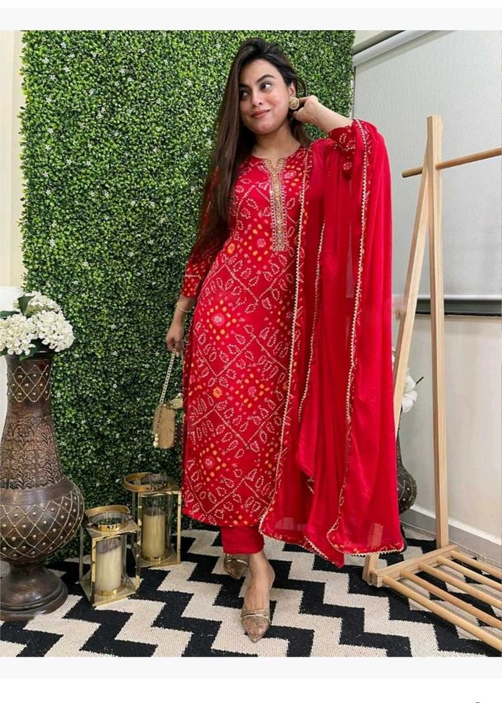 Red Bandhani Print Kurta Set