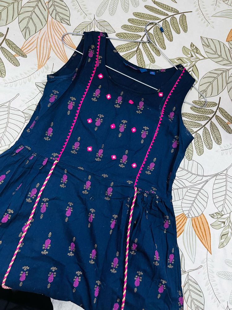 Blue Kurta with Pink Embroidery