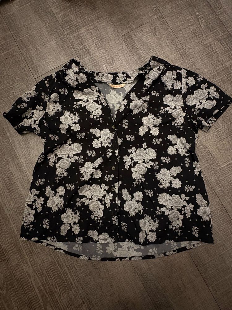 Black Floral Print Button-Up Shirt