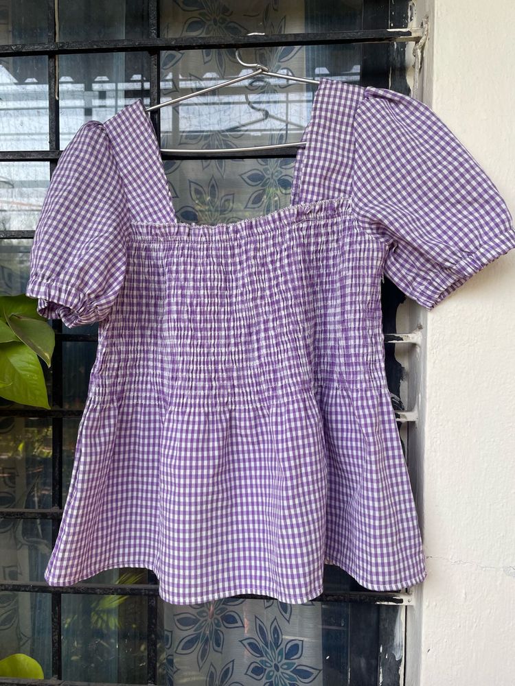 Chic Purple Gingham Puff Sleeve Top