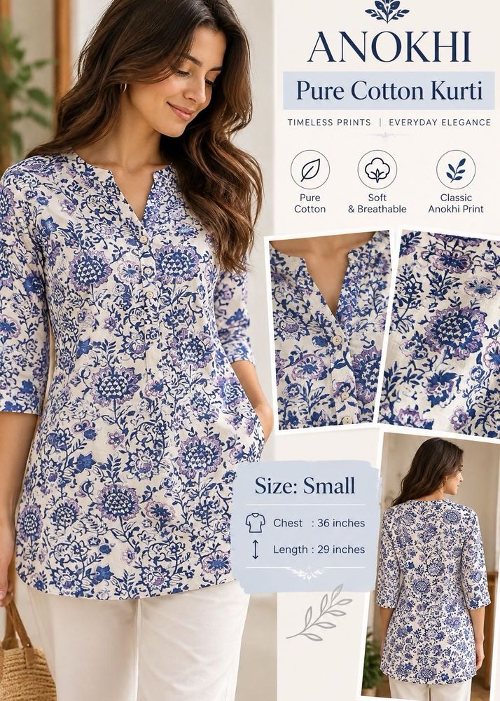 Anokhi Pure Cotton Floral Printed Kurti | Size S