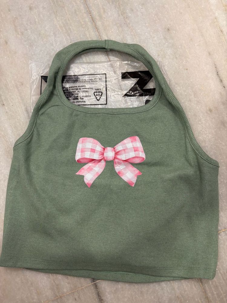 Cute Green Tank Top with Pink Bow