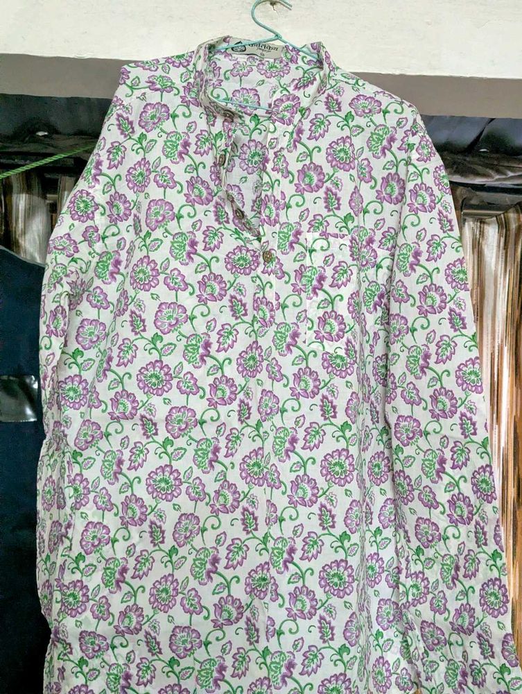 Mens White Kurta Flower Print