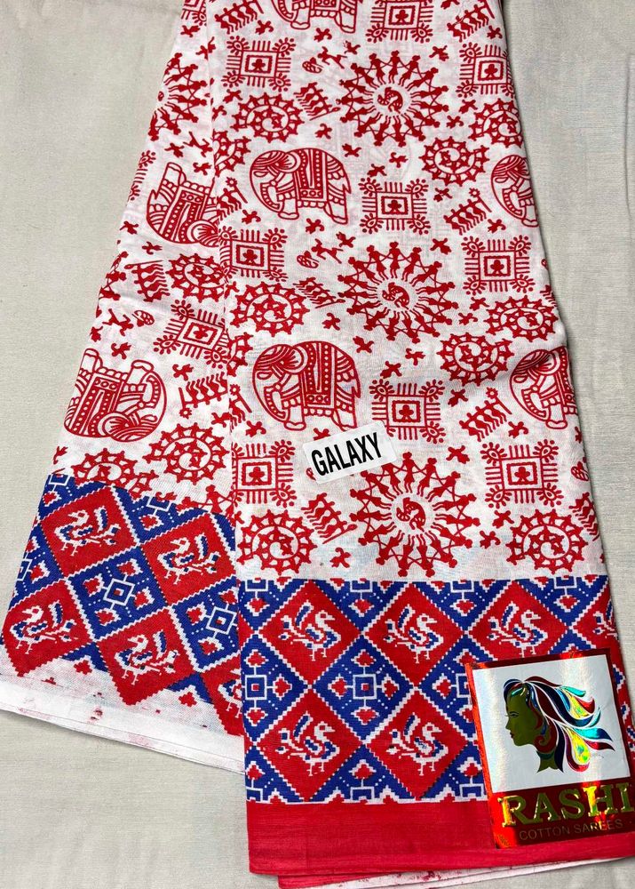 Red &amp; White Elephant Print Mul Cotton Saree