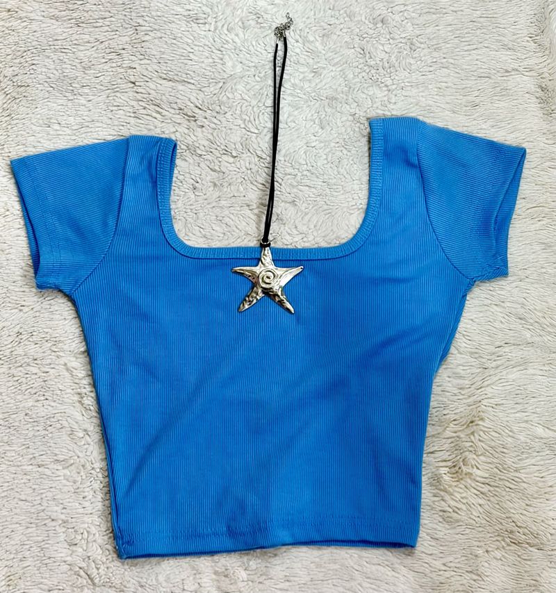 Blue Square Neck Crop Top