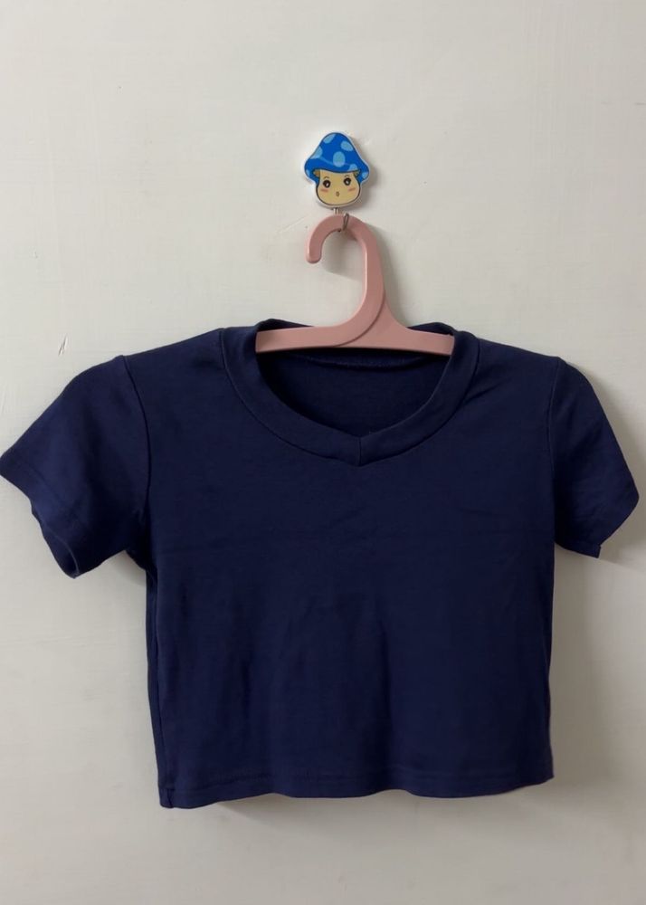 Navy Blue V-Neck Cropped T-Shirt