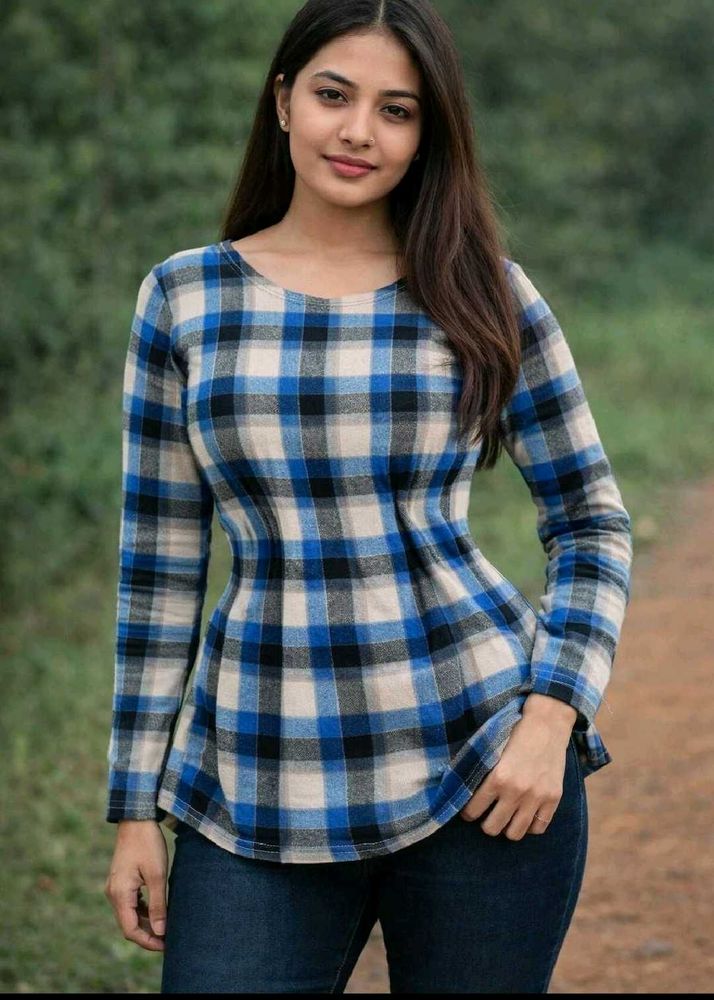 Stylish Blue Plaid Tunic Top