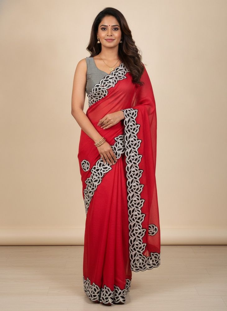 Vibrant Red Saree with Elegant Border