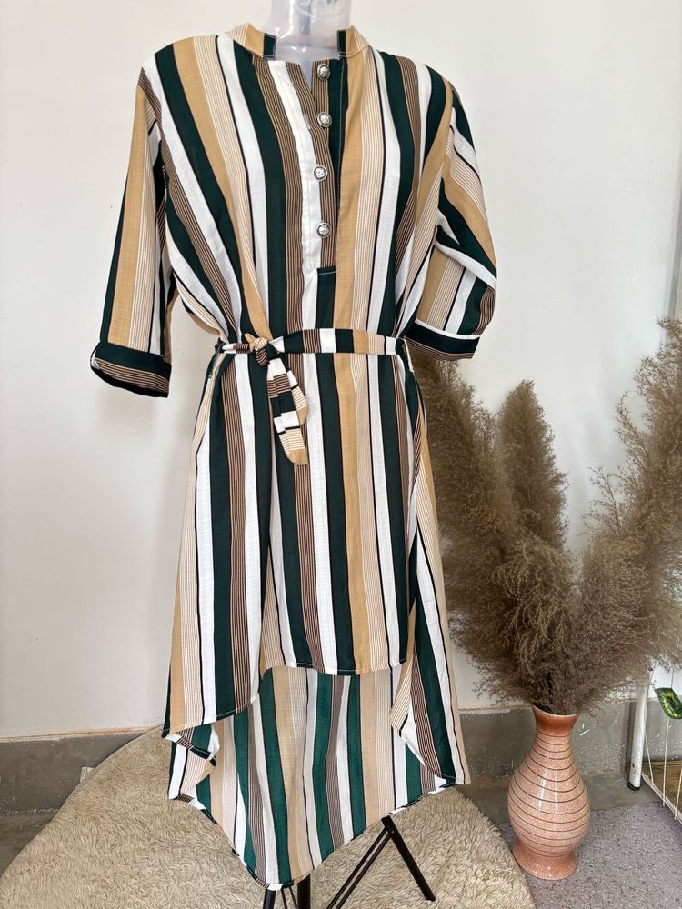 Striped High-Low Midi Dress