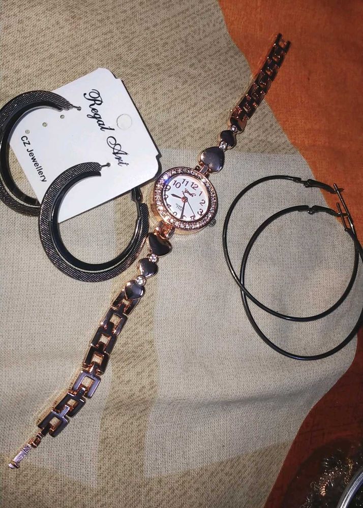 Regal Art Watch with Hoop Earrings Set