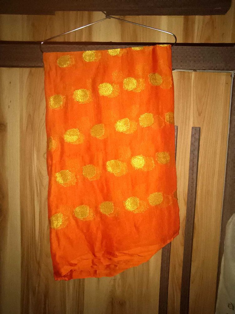 Vibrant Orange Saree with Gold Dots