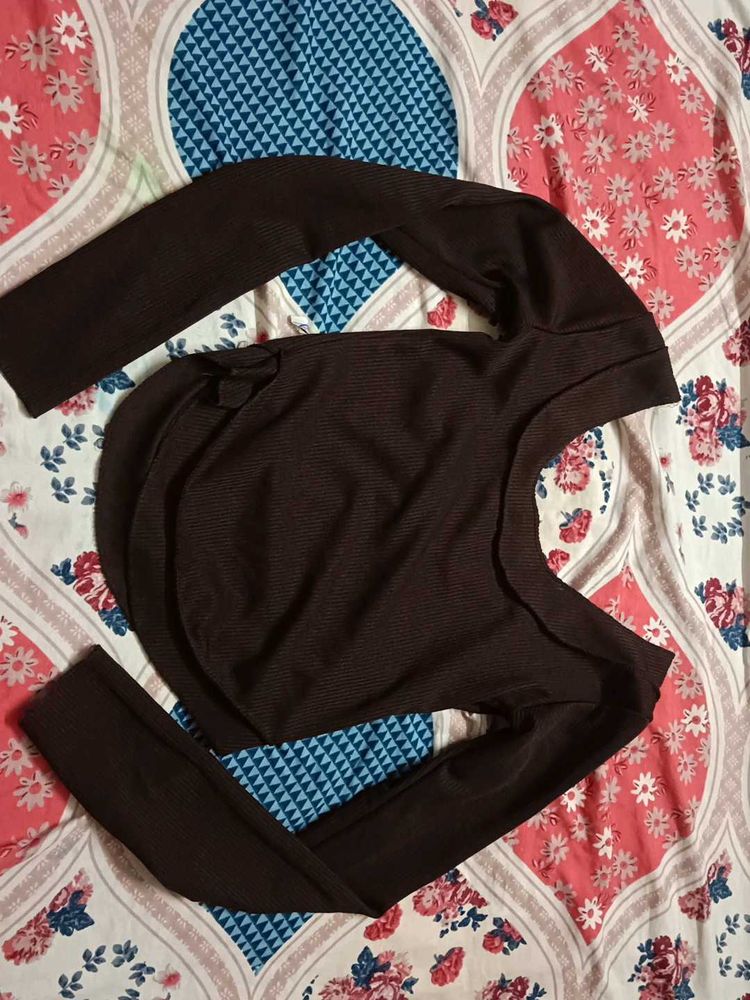 Chic Brown Ribbed Long Sleeve Top