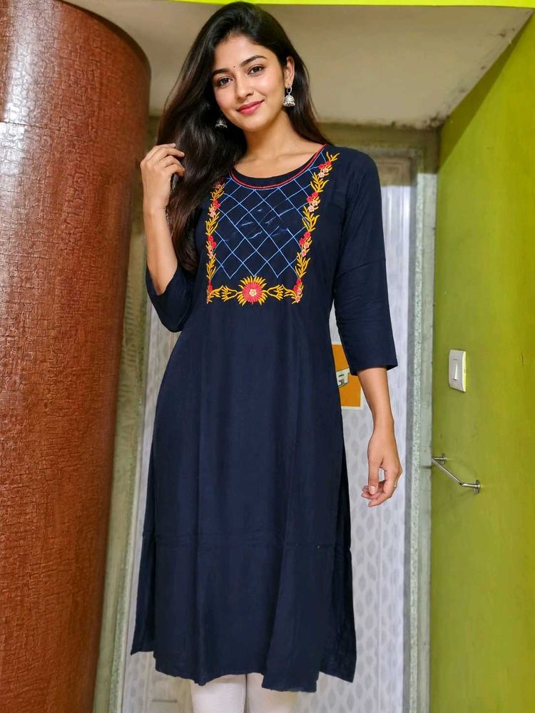 Embroidered Navy Blue Kurta