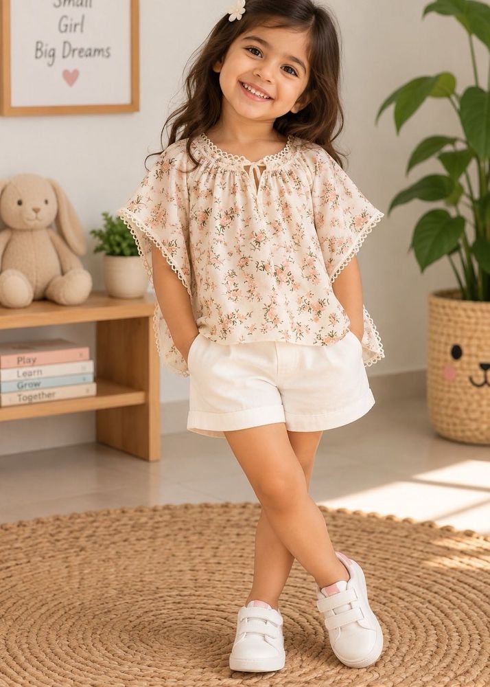 Floral Print Girls Top &amp; Shorts Set