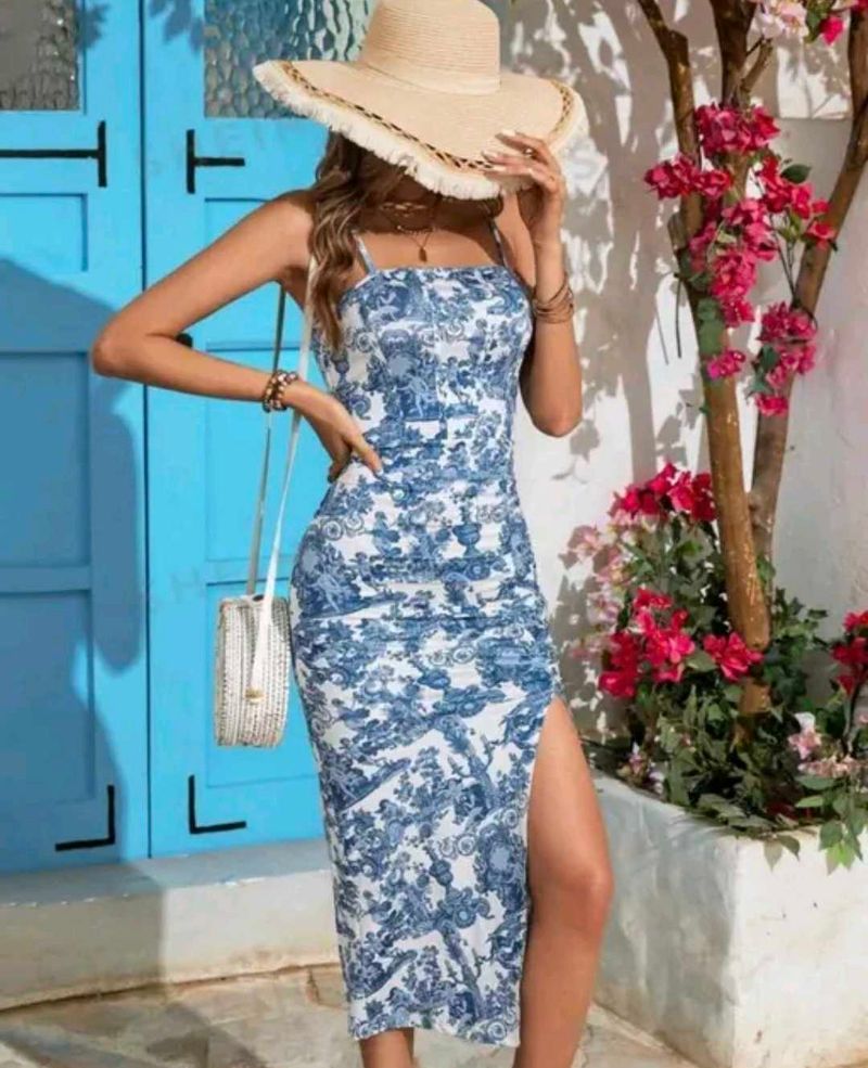 Blue Floral Print Bodycon Dress