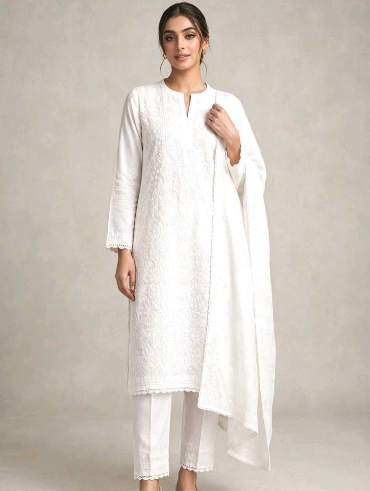 White Lucknowi Chikankari Cotton Kurta set for Wom