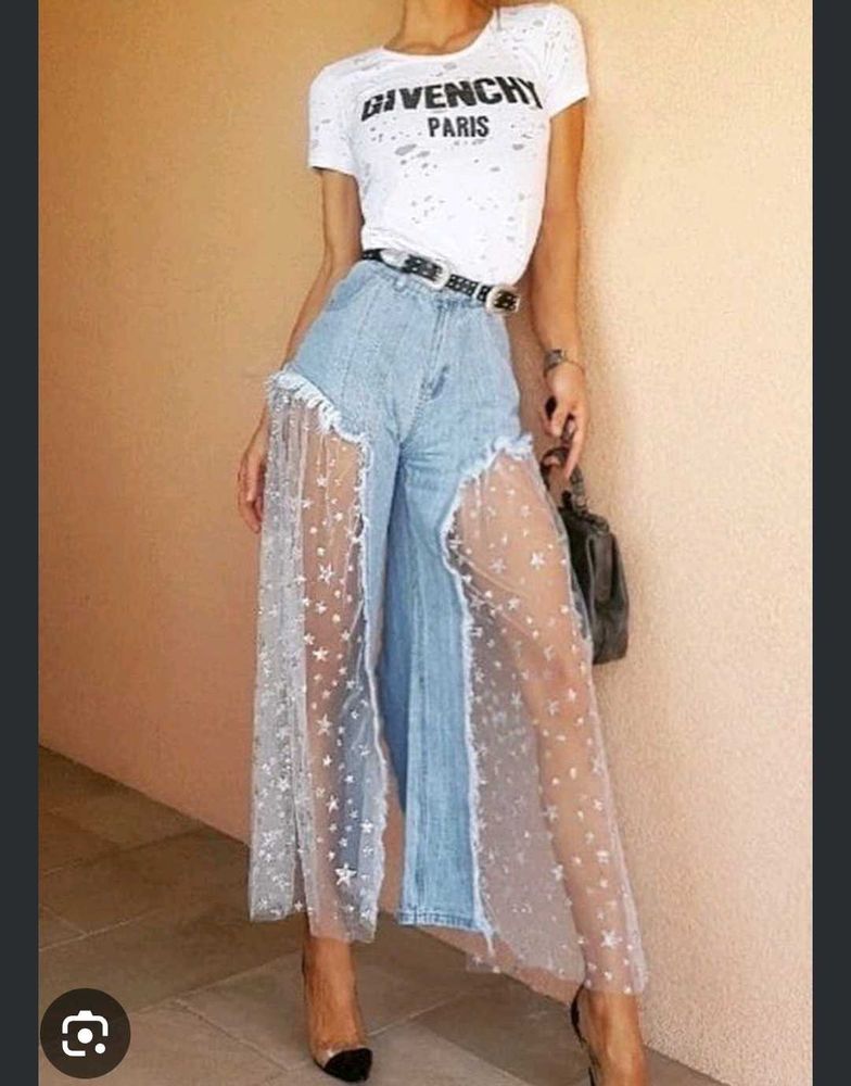 Wide-Leg Jeans with Sheer Overlay