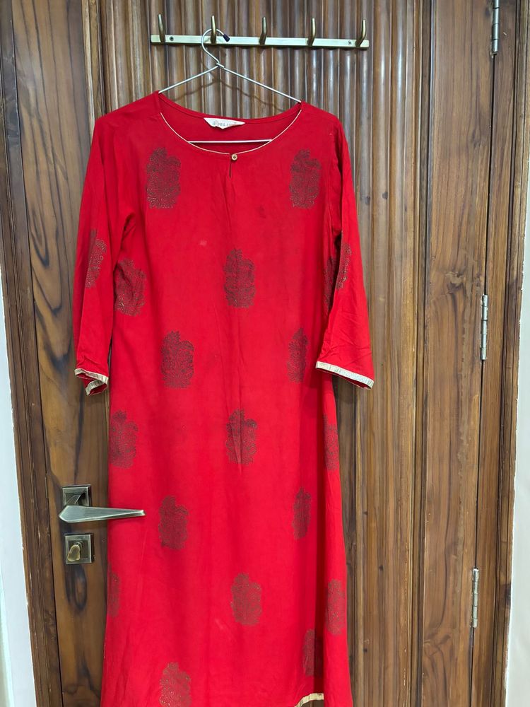Vibrant Red Block Print Kurta