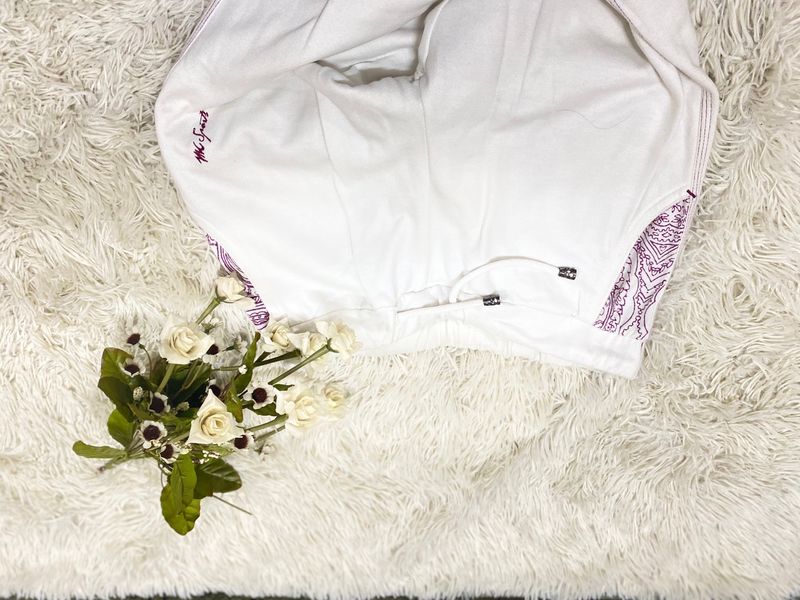 Women's White Hoodie with Purple Paisley Accents