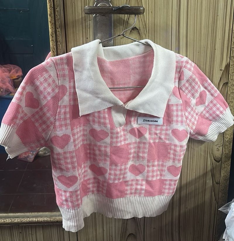 Cute Pink Heart Plaid Knit Top