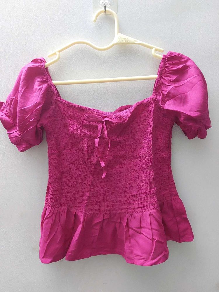 Hot Pink Smocked Puff Sleeve Top