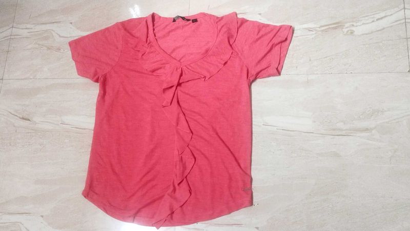 Coral Ruffle Front Short Sleeve Top