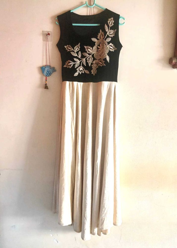 Embroidered Black &amp; Cream Maxi Gown
