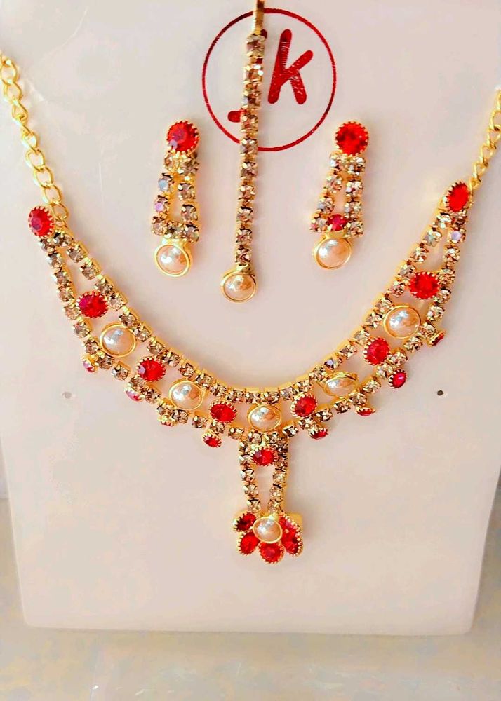 Red &amp; Pearl Ethnic Necklace Set for girls