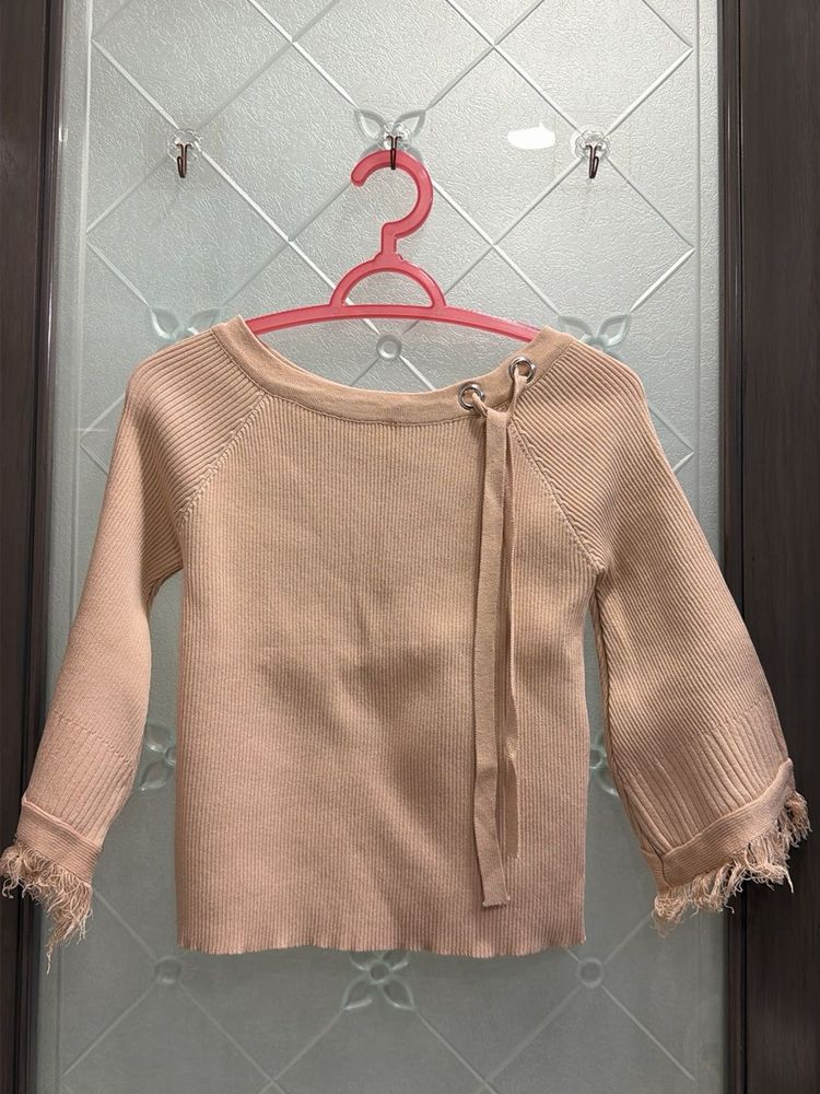 Women's Beige Knit Top with Fringe